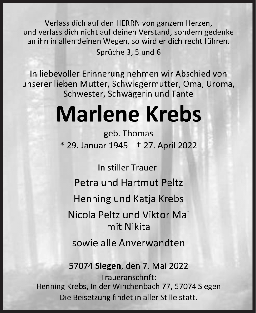  Traueranzeige für Marlene Krebs vom 07.05.2022 aus Siegener Zeitung