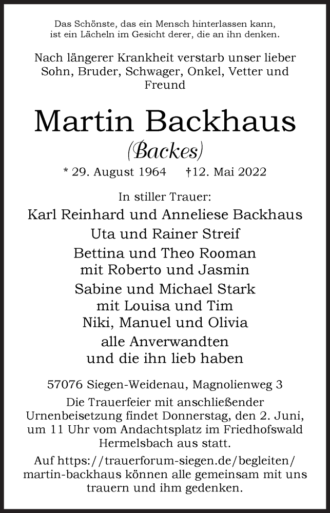  Traueranzeige für Martin Backhaus vom 30.05.2022 aus Siegener Zeitung