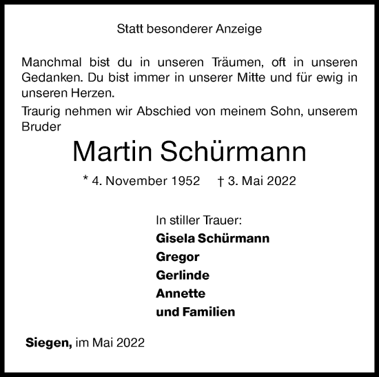 Traueranzeige von Martin Schürmann von Siegener Zeitung