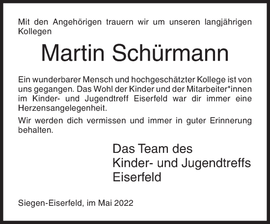 Traueranzeige von Martin Schürmann von Siegener Zeitung