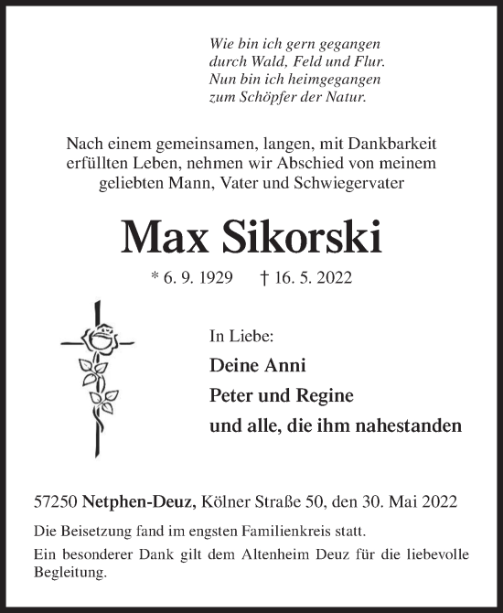 Traueranzeige von Max Sikorski von Siegener Zeitung