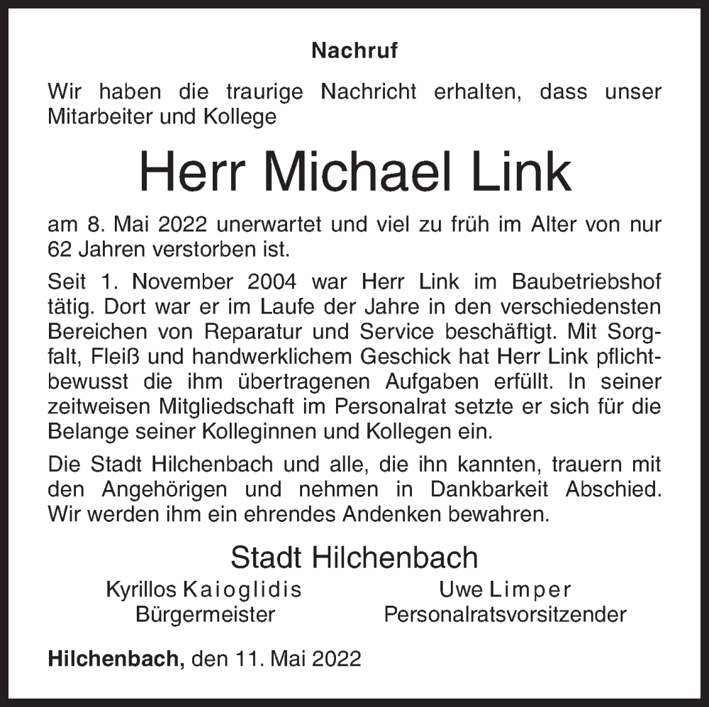  Traueranzeige für Michael Link vom 11.05.2022 aus Siegener Zeitung