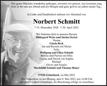 Traueranzeige von Norbert Schmitt von Siegener Zeitung