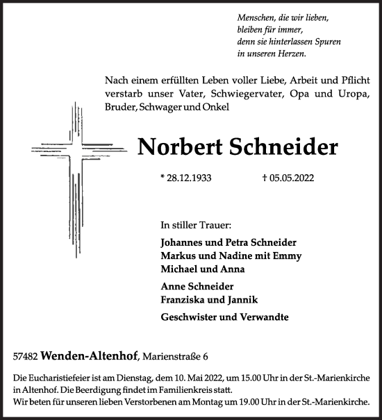 Traueranzeige von Norbert Schneider von Siegener Zeitung