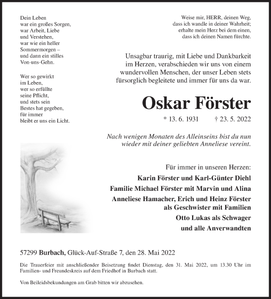 Traueranzeige von Oskar Förster von Siegener Zeitung