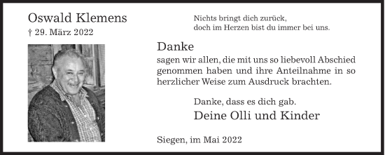Traueranzeige von Oswald Klemens von Siegener Zeitung