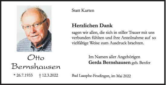 Traueranzeige von Otto Bernshausen von Siegener Zeitung