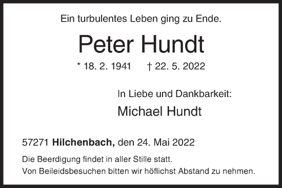 Traueranzeige von Peter Hundt von Siegener Zeitung