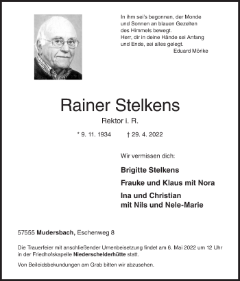 Traueranzeige von Rainer Stelkens von Siegener Zeitung