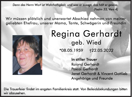 Traueranzeige von Regina Gerhardt von Siegener Zeitung