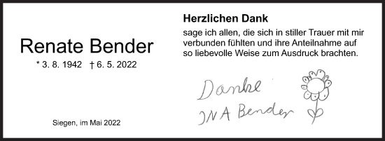 Traueranzeige von Renate Bender von Siegener Zeitung