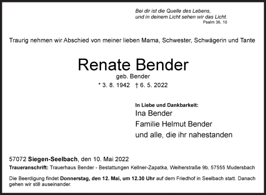 Traueranzeige von Renate Bender von Siegener Zeitung