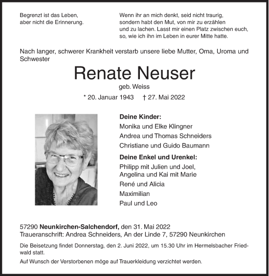 Traueranzeige von Renate Neuser von Siegener Zeitung
