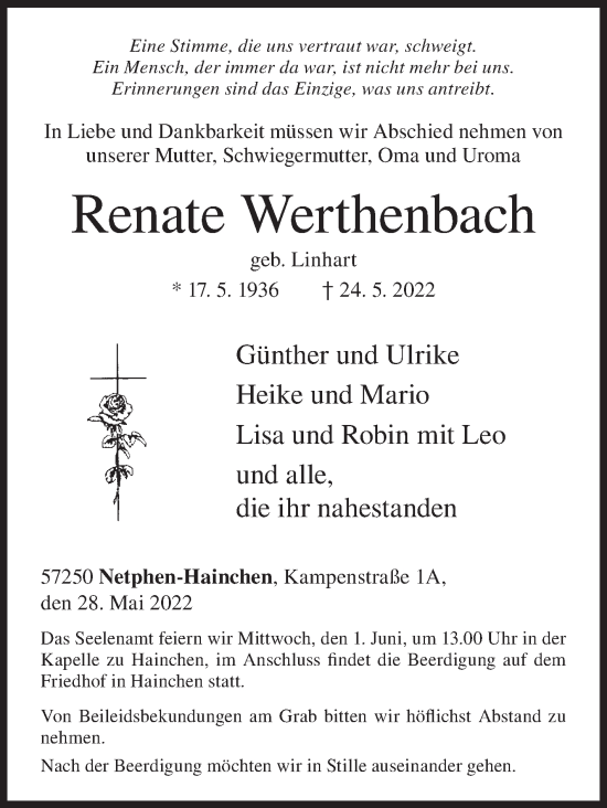 Traueranzeige von Renate Werthenbach von Siegener Zeitung