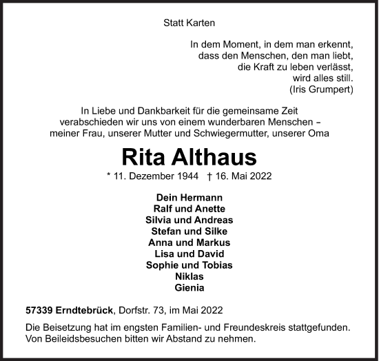 Traueranzeige von Rita Althaus von Siegener Zeitung