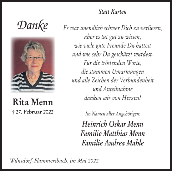 Traueranzeige von Rita Menn von Siegener Zeitung