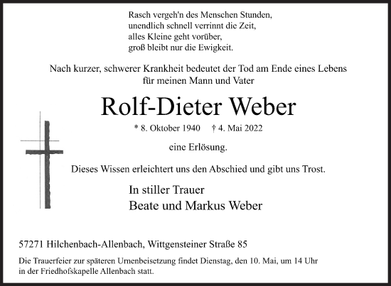 Traueranzeige von Rolf-Dieter Weber von Siegener Zeitung