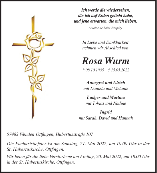 Traueranzeige von Rosa Wurm von Siegener Zeitung