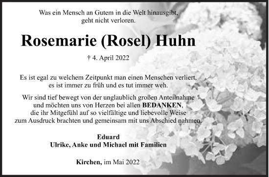 Traueranzeige von Rosemarie  Huhn von Siegener Zeitung