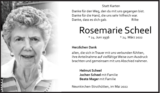 Traueranzeige von Rosemarie Scheel von Siegener Zeitung