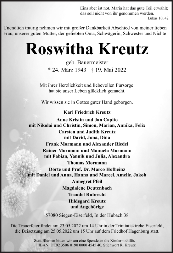Traueranzeige von Roswitha Kreutz von Siegener Zeitung