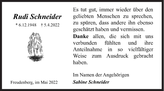 Traueranzeige von Rudi Schneider von Siegener Zeitung