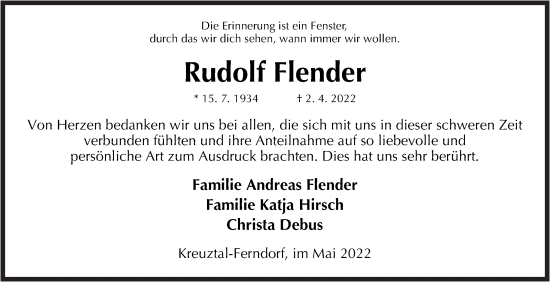 Traueranzeige von Rudolf Flender von Siegener Zeitung