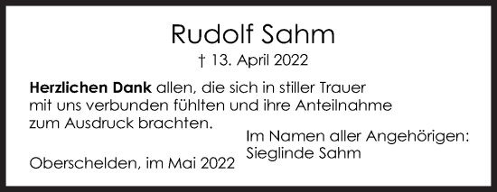 Traueranzeige von Rudolf Sahm von Siegener Zeitung