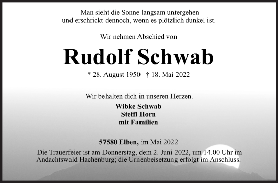 Traueranzeige von Rudolf Schwab von Siegener Zeitung
