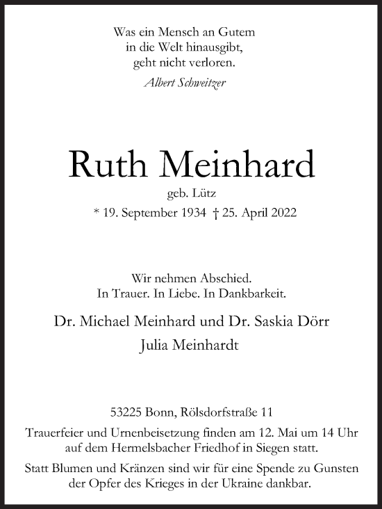 Traueranzeige von Ruth Meinhard von Siegener Zeitung