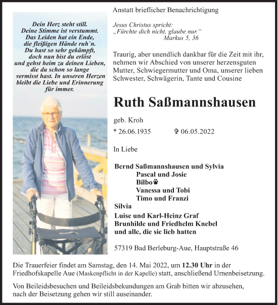 Traueranzeige von Ruth Saßmannshausen von Siegener Zeitung