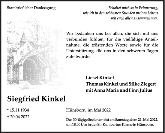 Traueranzeige von Siegfried Kinkel von Siegener Zeitung