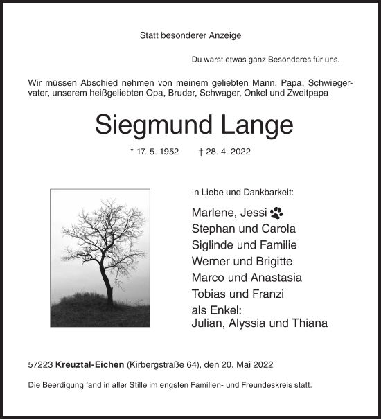 Traueranzeige von Siegmund Lange von Siegener Zeitung