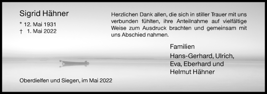 Traueranzeige von Sigrid Hähner von Siegener Zeitung
