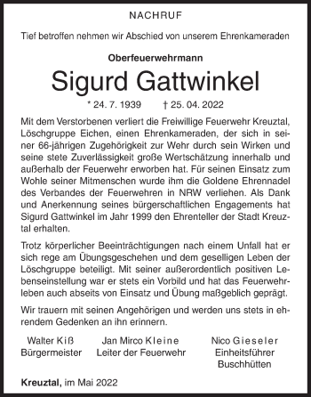 Traueranzeige von Sigurd Gattwinkel von Siegener Zeitung