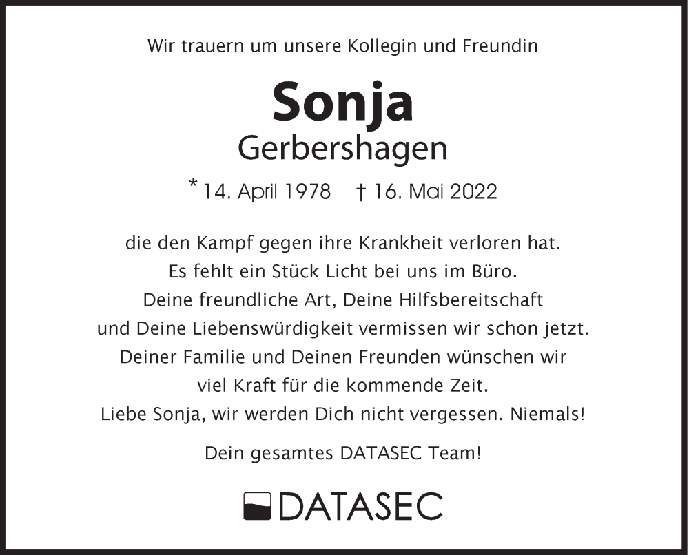  Traueranzeige für Sonja Gerbershagen vom 20.05.2022 aus Siegener Zeitung