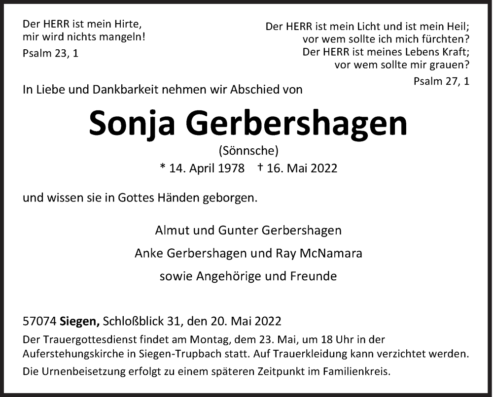  Traueranzeige für Sonja Gerbershagen vom 20.05.2022 aus Siegener Zeitung