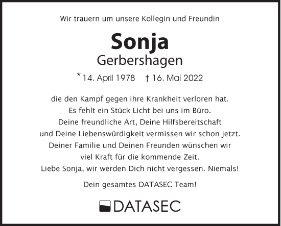 Traueranzeige von Sonja Gerbershagen von Siegener Zeitung