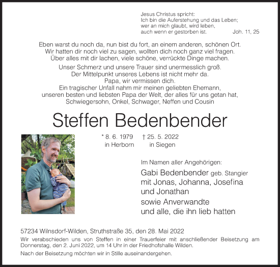 Traueranzeige von Steffen Bedenbender von Siegener Zeitung