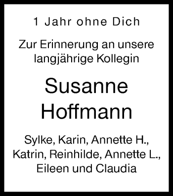 Traueranzeige von Susanne Hoffmann von Siegener Zeitung