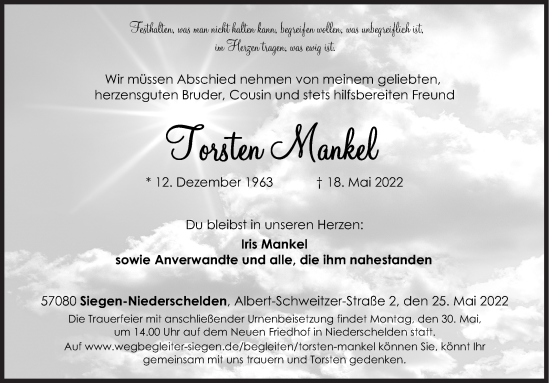 Traueranzeige von Torsten Mankel von Siegener Zeitung