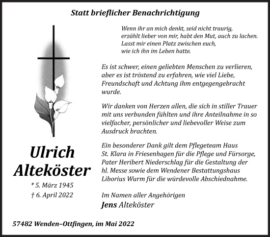 Traueranzeige von Ulrich Alteköster von Siegener Zeitung