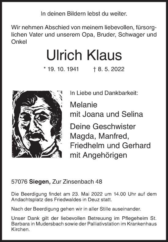 Traueranzeige von Ulrich Klaus von Siegener Zeitung