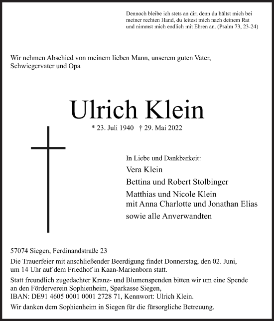 Traueranzeige von Ulrich Klein von Siegener Zeitung