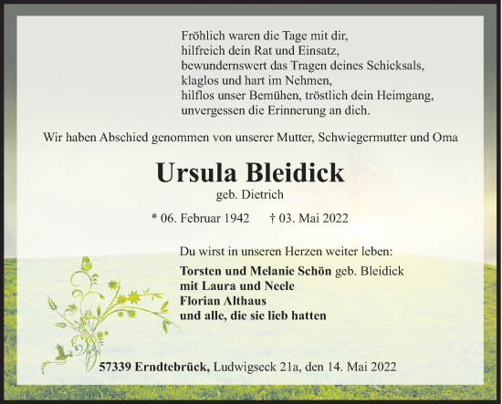 Traueranzeige von Ursula Bleidick von Siegener Zeitung