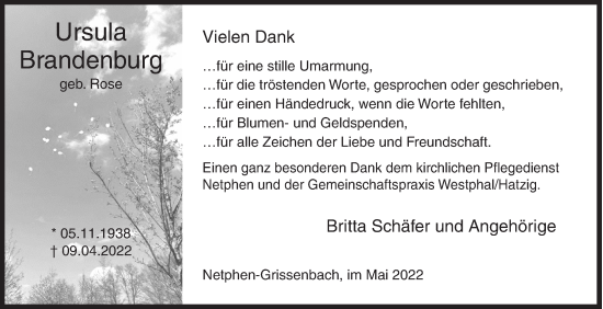 Traueranzeige von Ursula Brandenburg von Siegener Zeitung