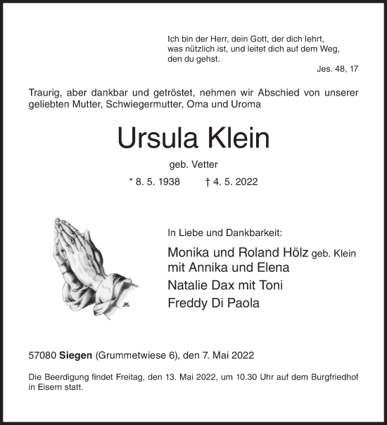 Traueranzeige von Ursula Klein von Siegener Zeitung
