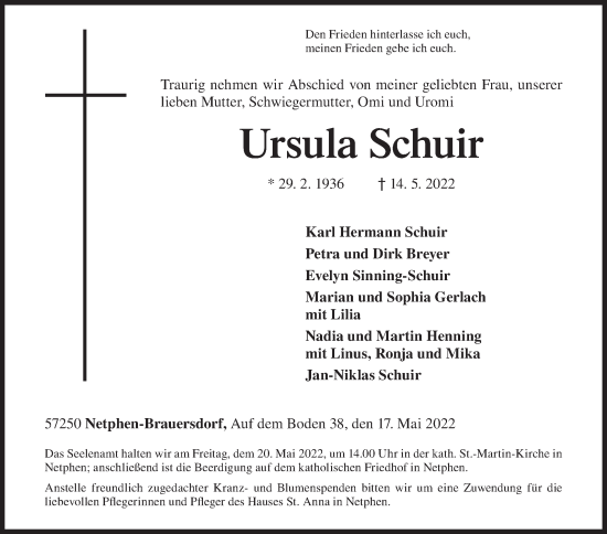 Traueranzeige von Ursula Schuir von Siegener Zeitung