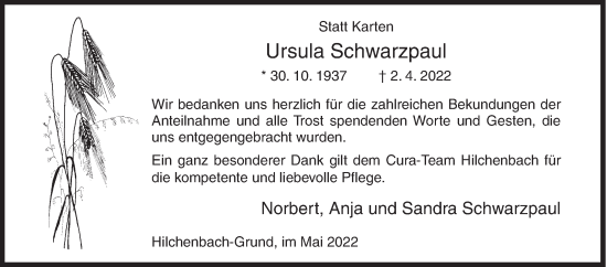 Traueranzeige von Ursula Schwarzpaul von Siegener Zeitung
