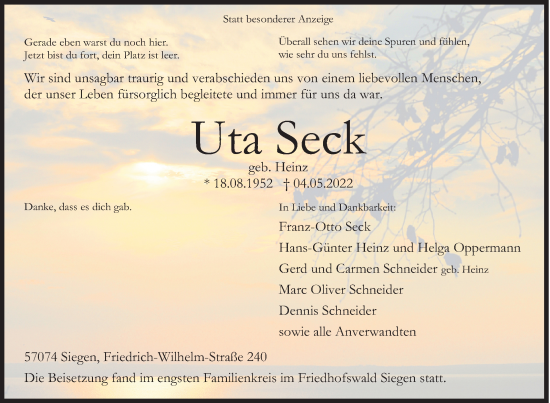 Traueranzeige von Uta Seck von Siegener Zeitung